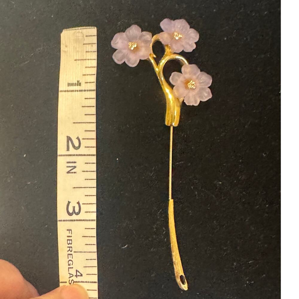 Vintage Givenchy Paris NY Purple Lucite Floral Gold toned Stick Brooch signed
